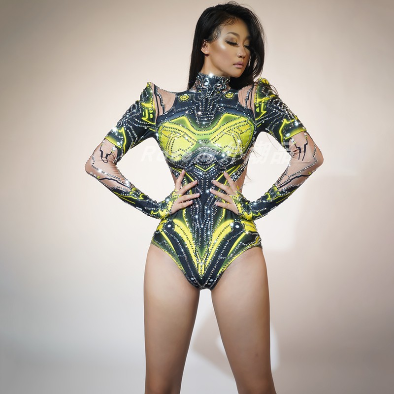 Tech Queen - Strass brilhante das mulheres estiramento Bodysuit,